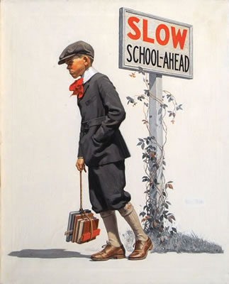 Boy trudging on the way to school. 	Magazine cover, Saturday Evening Post, September 5, 1925 by George Brehm - Auction record, sale price, and art valuation. Compare with similar artists and explore comparable artworks.