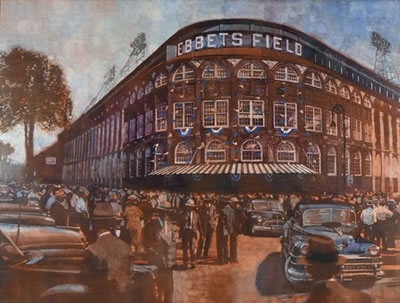 Crowd outside Ebbets Field. Illustration for art print, ca. 1975