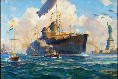 Navy battle ship sailing in celebration past Statue of Liberty. Calendar illustration, 1946-47