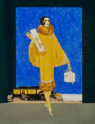 Fashionable woman carrying Christmas presents. 	Advertisement, December ca. 1925 by R John Holmgren - Auction record, sale price, and art valuation. Compare with similar artists and explore comparable artworks.