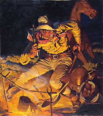 Cowboy wheels around for a gunfight at night. 	Pulp magazine cover, probably Wild West Weekly
