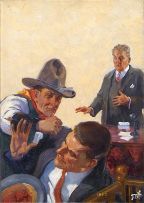 Banker shocked at fist fight occuring on his premises. Pulp magazine cover; publisher: (Street & Smith), 1923