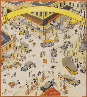 Busy intersection in small town by Tony Sarg - Auction record, sale price, and art valuation. Compare with similar artists and explore comparable artworks.