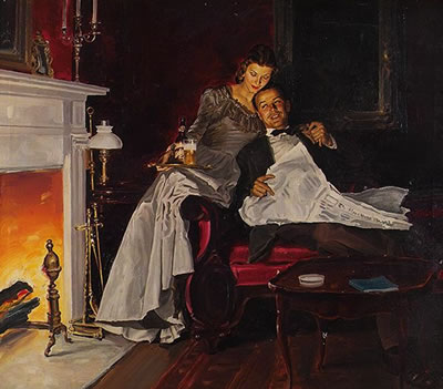 Couple next to fireplace, with beer and newspaper