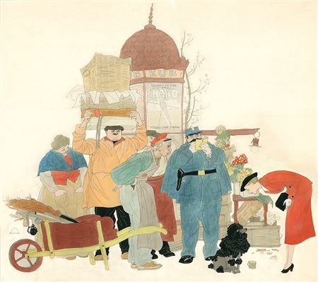 Poodle creating a disturbance in a Paris street. Story illustration