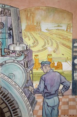Engineer working on power plant pulling a lever.