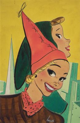 Women modelling hats against skyline