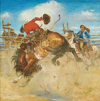 Cowboy Riding Bronc as Cowgirl and Others Look On by Benton Henderson Clark - Auction record, sale price, and art valuation. Compare with similar artists and explore comparable artworks.