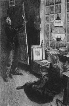 Artist Carrying Canvas, Children Watching