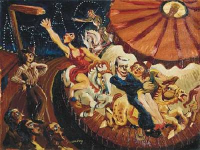 Midway carousel riders, woman reaching