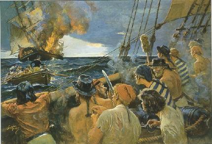 Pirates watching ship burn
