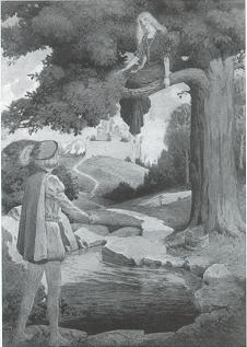 Woman in tree, man at pond