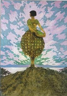 Girl with bowl standing atop