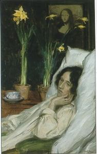 Woman sitting, daffodils and