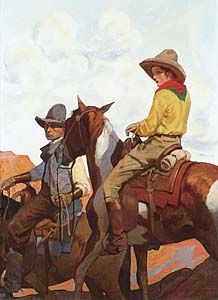 Cowboy Leading Horse with Woman
