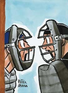 Baseball Catcher and Umpire Arguing