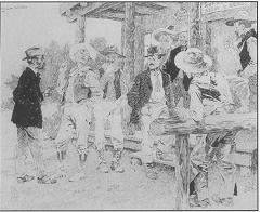 Men standing outside saloon