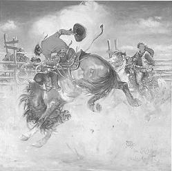 Cowboy breaking bronc