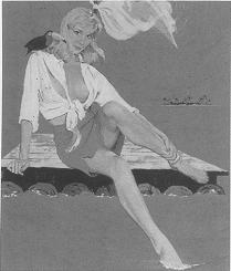 Girl and toucan adrift on raft