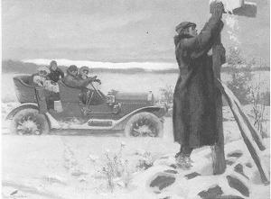 Clearing a signpost at a snowy