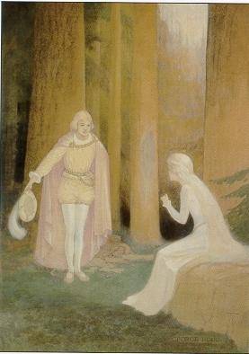 Prince bowing to woman in forest