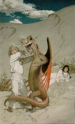 Boy struggling with dragon