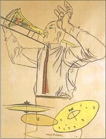 Standing trombonist, drum