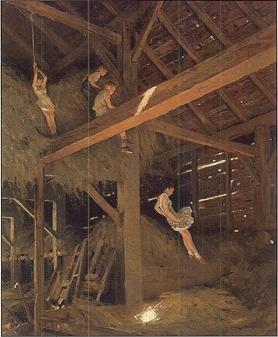 Children playing in hay loft