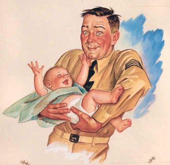 Soldier Nervously Holding Happy Baby