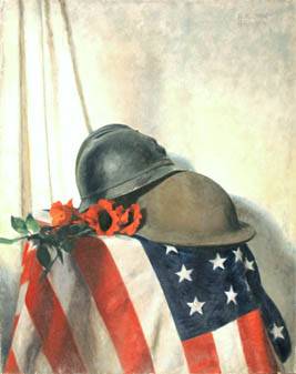 Soldier's helmets and poppies atop American flag