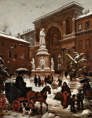 "Veduta di Piazza della Scala con effetto di neve cadente" 1878 by Angelo Inganni - Auction record, sale price, and art valuation. Compare with similar artists and explore comparable artworks.