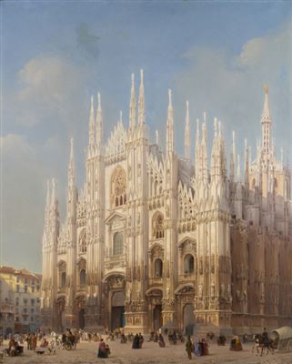 Veduta della facciata del Duomo di Milano all'angolo del Rebecchino