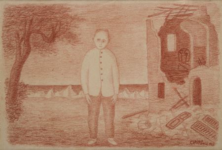 Omino con casa in rovina