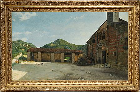 "Scorcio di paese con chiesa e contadini"
