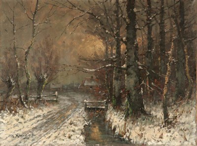 Winter Landscape at Dusk by Adolf Rheinert - Auction record, sale price, and art valuation. Compare with similar artists and explore comparable artworks.