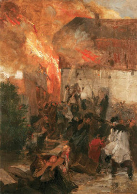 A Priest and Acolyte Rushing to a Burning Building