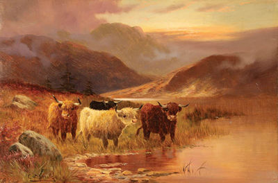 SCOTTISH HIGHLAND CATTLE IN LANDSCAPE - A PAIR