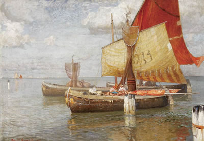 Fishing Boats at Anchor--1907 by Manuel Wielandt - Auction record, sale price, and art valuation. Compare with similar artists and explore comparable artworks.