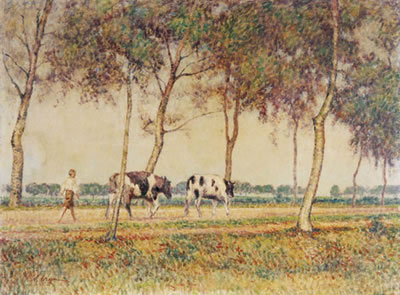 Impressionistic Spring Landscape with Cattle and a Young Herder