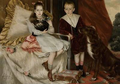 Portrait of Brother and Sister with their Pets - circa 1900 by H Otto Ruger - Auction record, sale price, and art valuation. Compare with similar artists and explore comparable artworks.