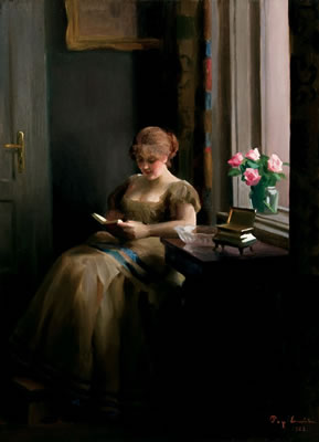 Interior Scene with Woman Reading Near Window - 1922