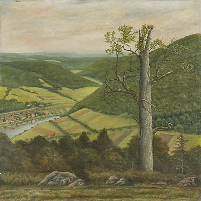 Expansive Landscape Overlooking River Village - 1946