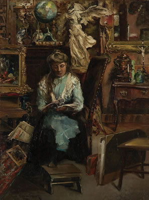 A Young Girl in an Antique Shop Reading a Book