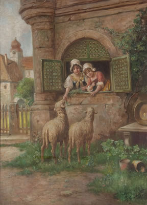 Women Feeding Sheep From Window