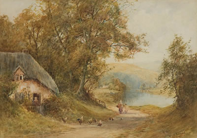 Cottage Scenes with Farm Animals - a pair