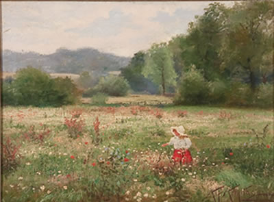 Impressionistic Landscape with Young Girl in Bonnet Picking Flowers