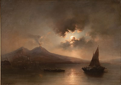 Italian Coastal Moonlit Scene with Erupting Volcano