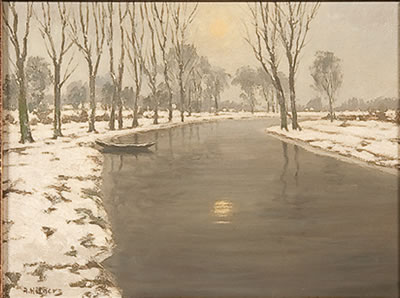 Winter River Landscape at Dusk by Adolf Hilgers - Auction record, sale price, and art valuation. Compare with similar artists and explore comparable artworks.