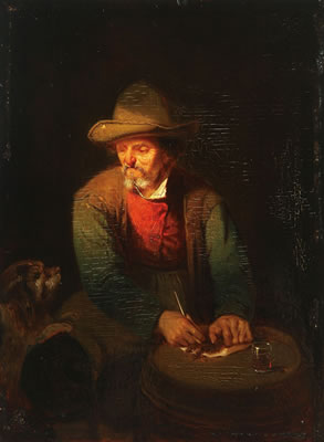 Man with Dog in Tavern Filling his Pipe