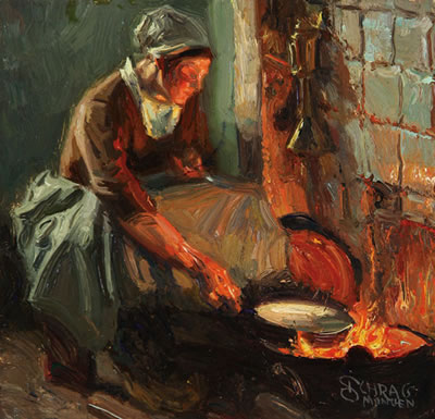 Interior with woman cooking over open fire